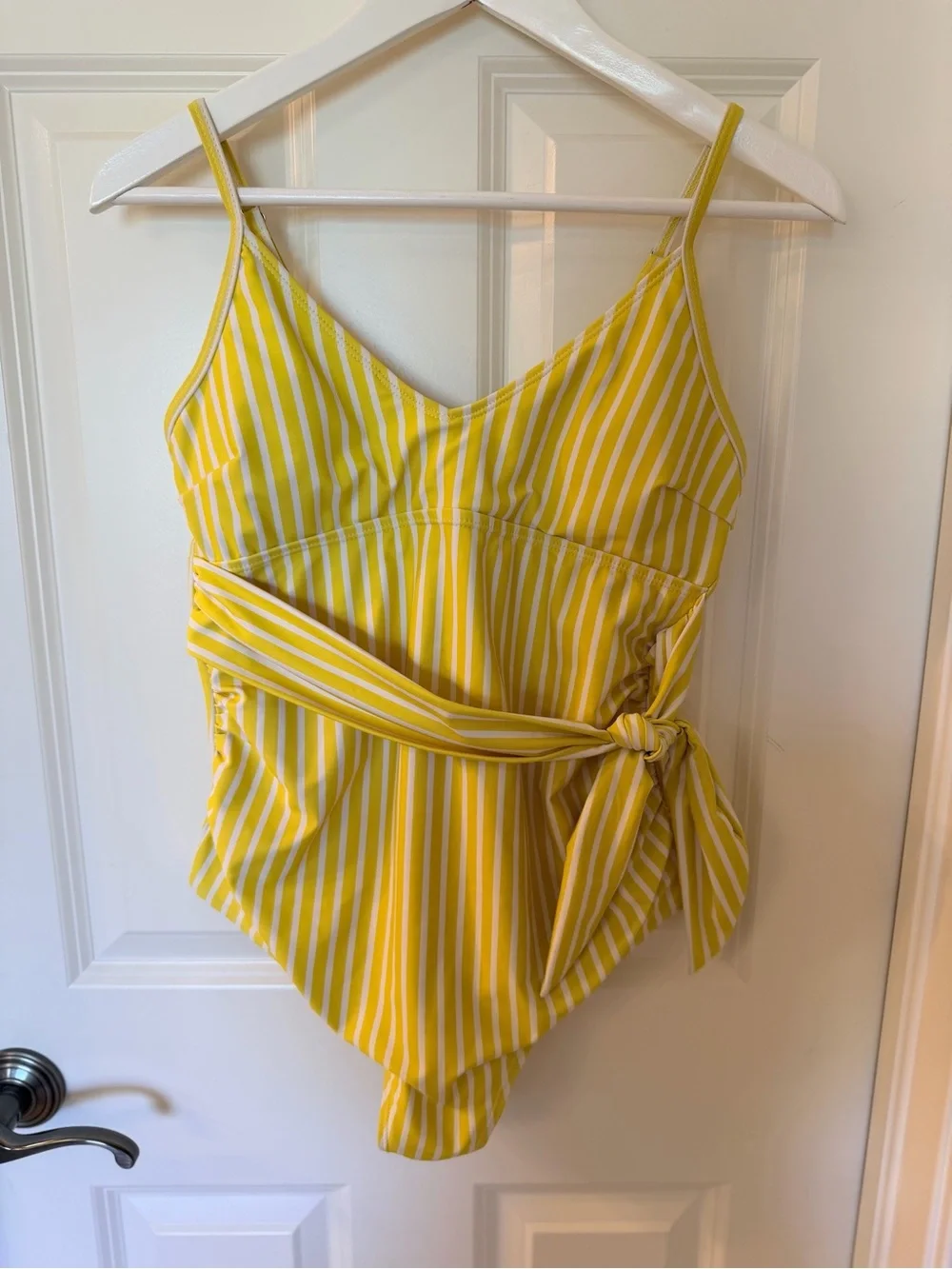 Yellow and White Striped One-Piece Swimsuit with Waist Tie